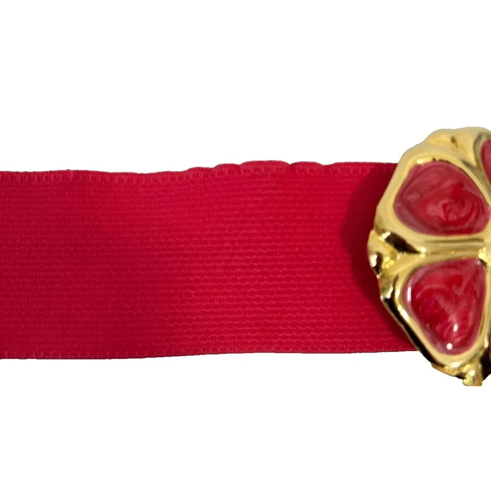 VTG Day Lor USA Pink Enamel Floral Statement Belt M Wide Cinch Stretch Retro 80s